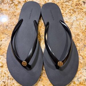 Tory Burch Black Sandals with Gold Logo